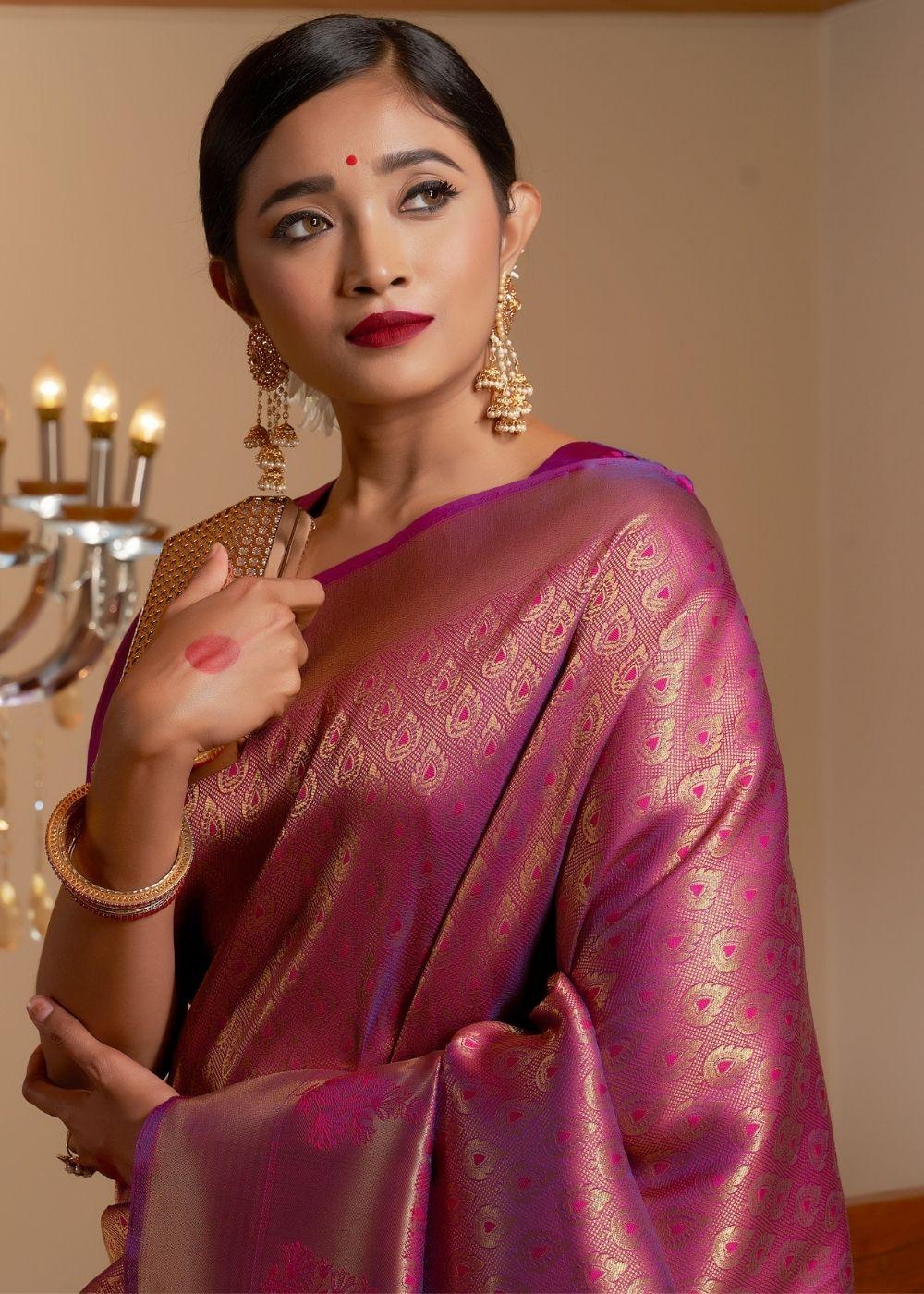 Magenta Purple Zari Woven Kanjivaram Silk Saree | Stitched Blouse - qivii