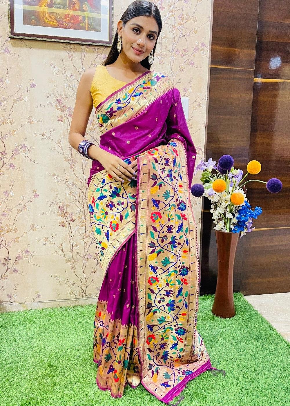 Magenta Purple Zari Woven Paithani Silk Saree | Stitched Blouse - qivii