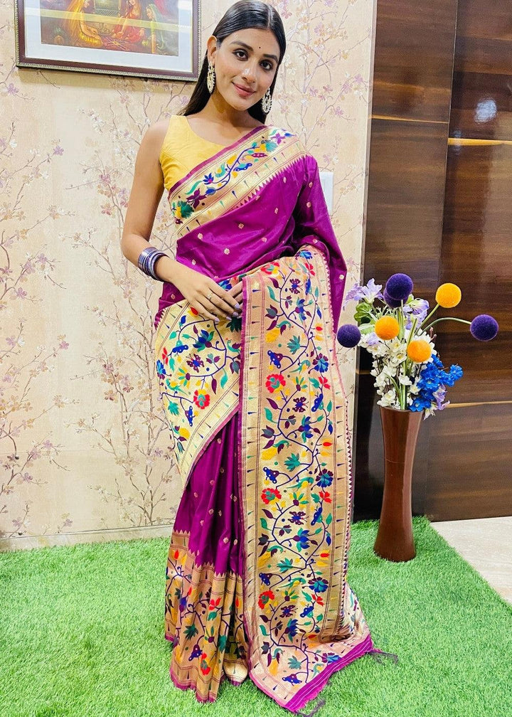 Magenta Purple Zari Woven Paithani Silk Saree | Stitched Blouse - qivii