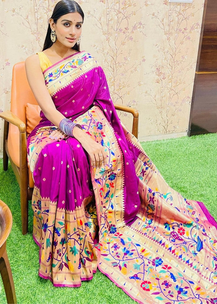 Magenta Purple Zari Woven Paithani Silk Saree | Stitched Blouse - qivii