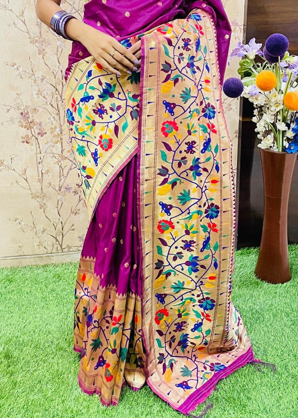 Magenta Purple Zari Woven Paithani Silk Saree | Stitched Blouse - qivii