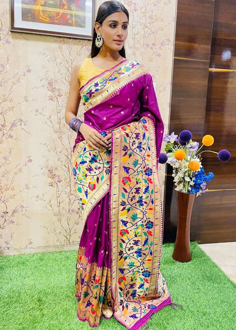 Magenta Purple Zari Woven Paithani Silk Saree | Stitched Blouse - qivii