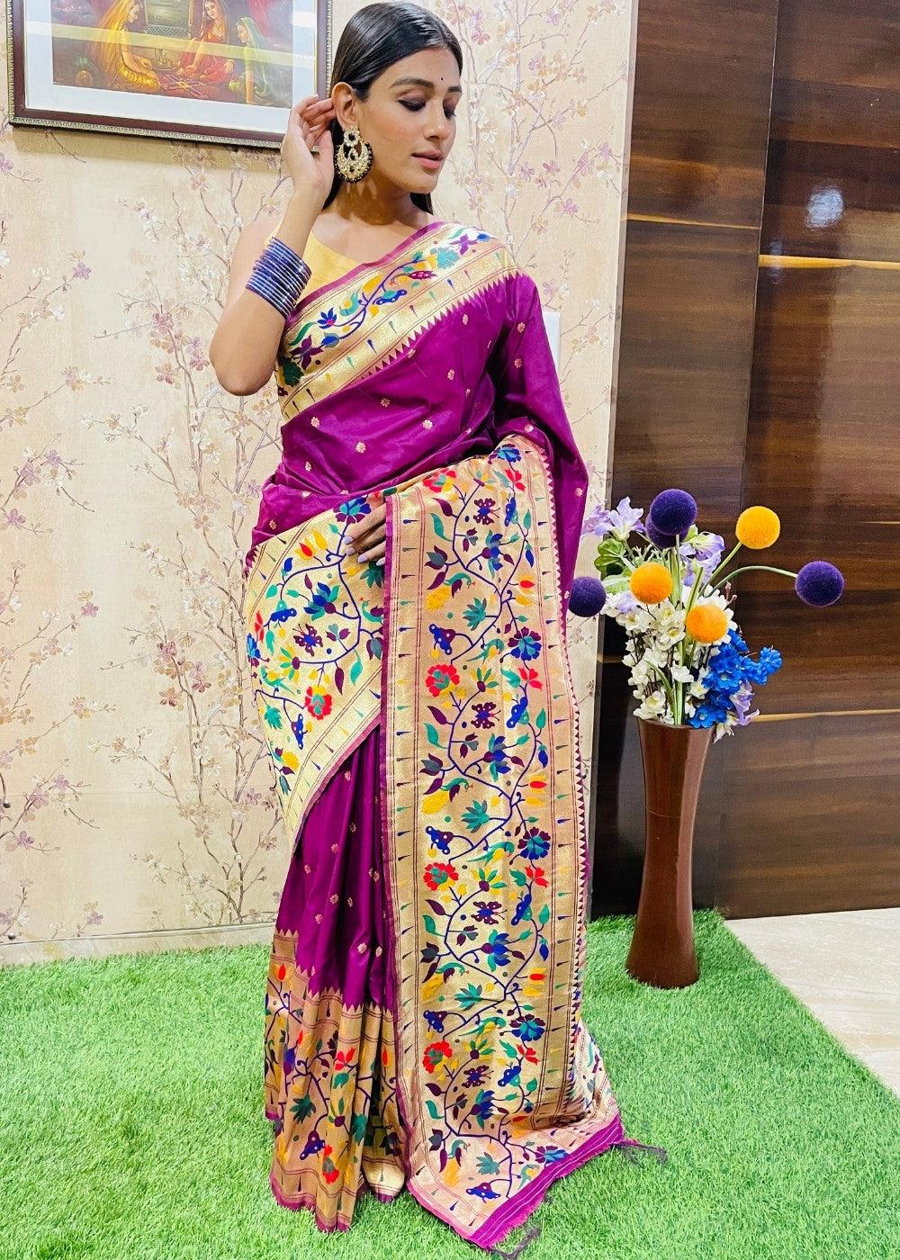 Magenta Purple Zari Woven Paithani Silk Saree | Stitched Blouse - qivii