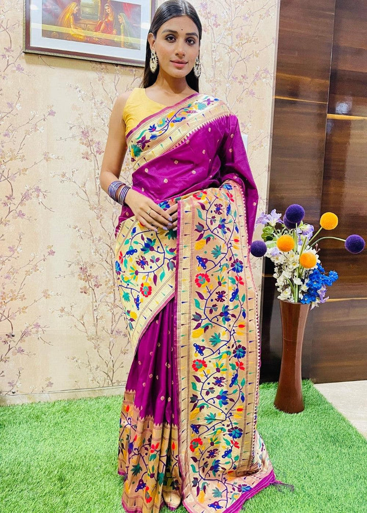 Magenta Purple Zari Woven Paithani Silk Saree | Stitched Blouse - qivii