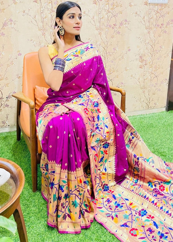 Magenta Purple Zari Woven Paithani Silk Saree | Stitched Blouse - qivii