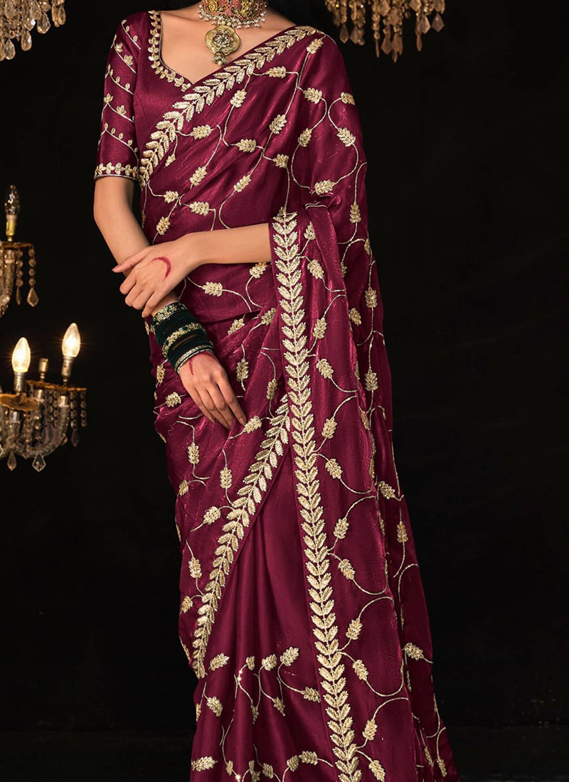 Magenta Satin Silk Saree Embellished with Stone,Sequin,Embroidery & Zarkan work