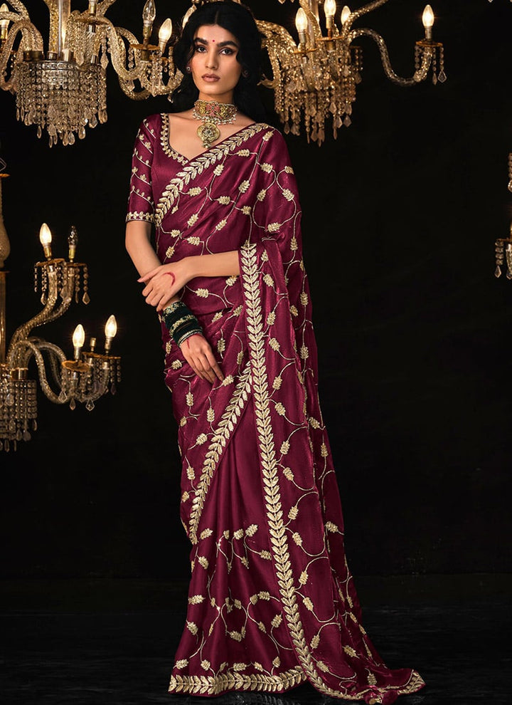 Magenta Satin Silk Saree Embellished with Stone,Sequin,Embroidery & Zarkan work