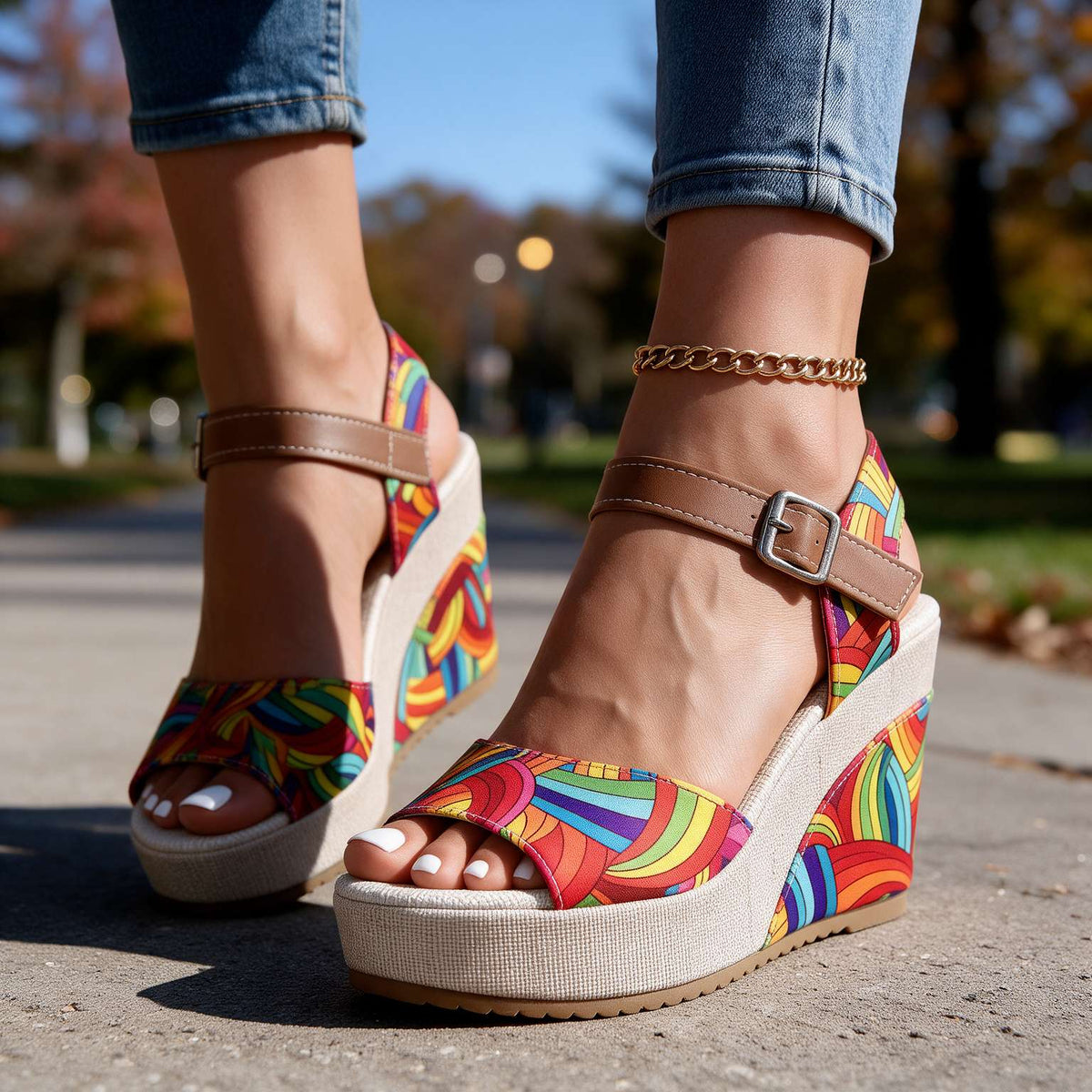 Close-up of Alessia Hudson Ridge women's buckle platform sandal heels showcasing tan leather straps and chunky heel detail.
