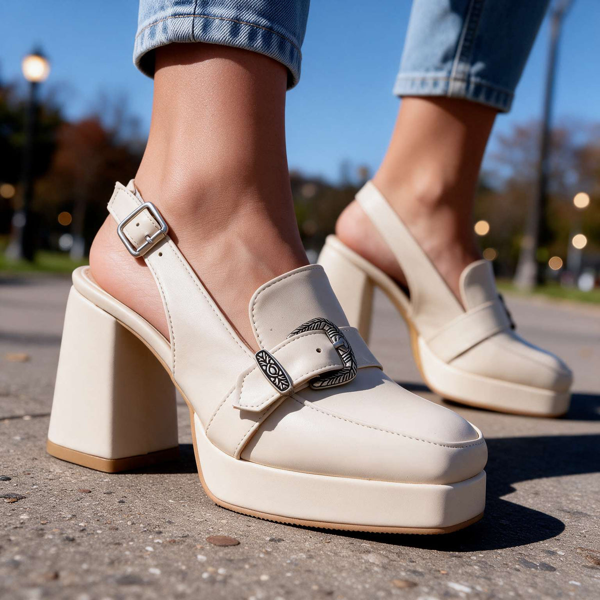Close-up of Hudson Ridge Sienna women's slingback sandal heel showing beige leather straps and elegant design.