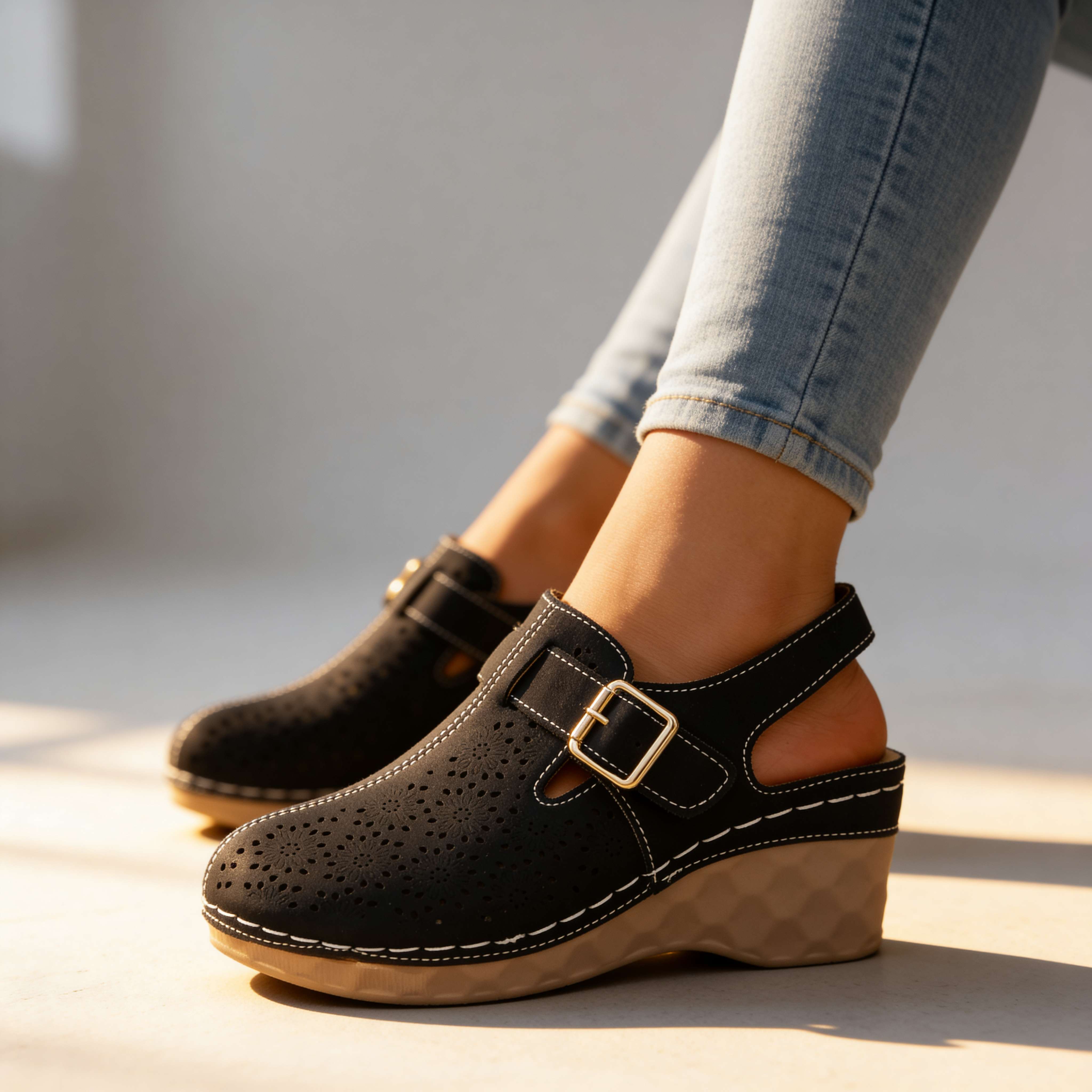 Alissa Floral Buckle Wedges