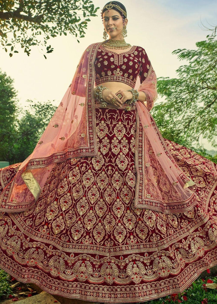 Mahogany Red Bridal Velvet Lehenga Choli with Embroidery & Hand work : Top Pick - qivii