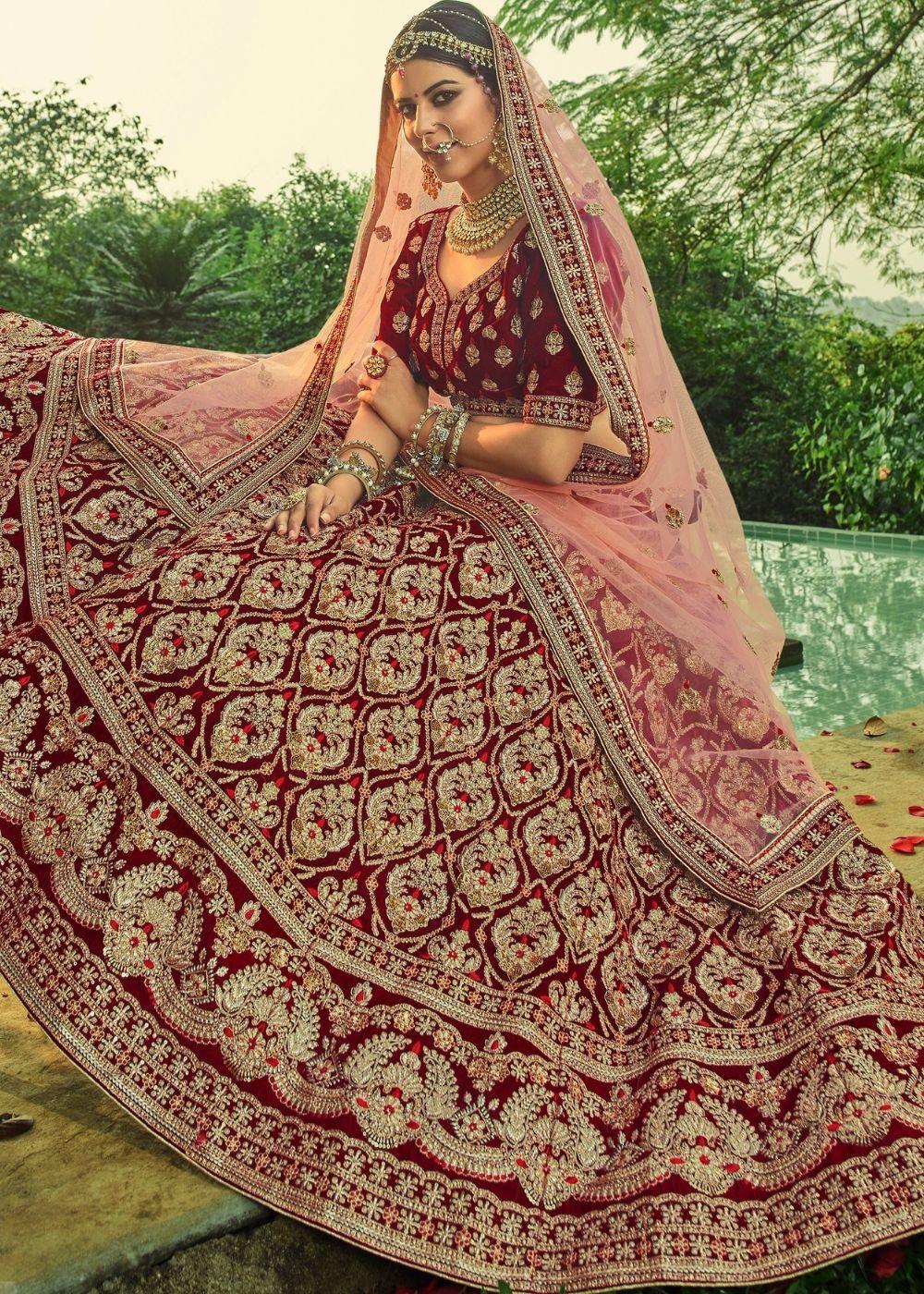 Mahogany Red Bridal Velvet Lehenga Choli with Embroidery & Hand work : Top Pick - qivii