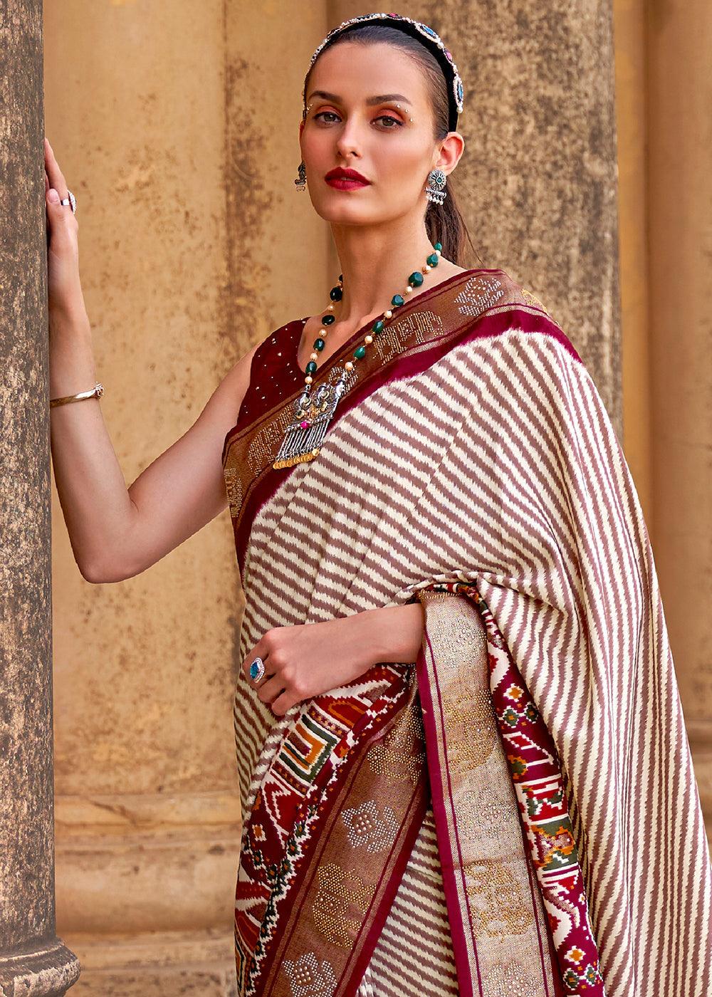 Mahogany Red Designer Patola Silk Saree with Zari Border & Stone work(Pre-Order) | Stitched Blouse - qivii