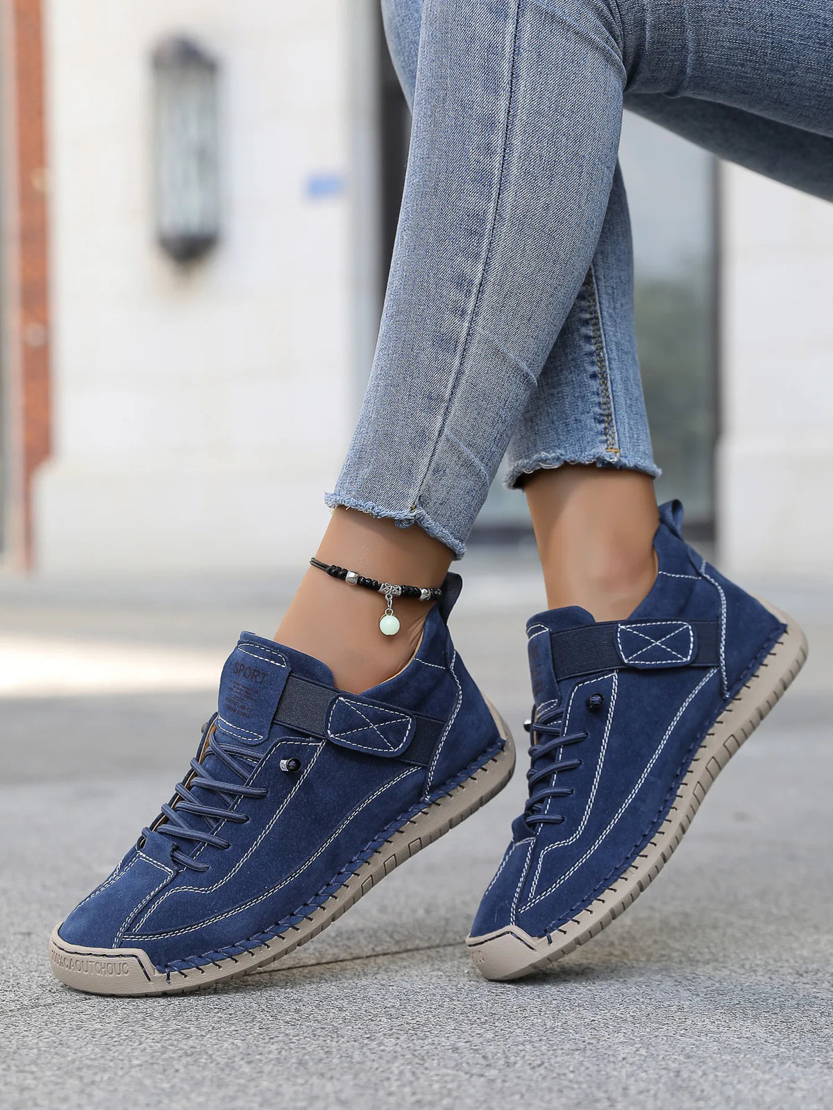 Dark blue Maizie women's orthopedic hiking sneakers by Hudson Ridge, showcasing supportive footwear designed for outdoor walking.