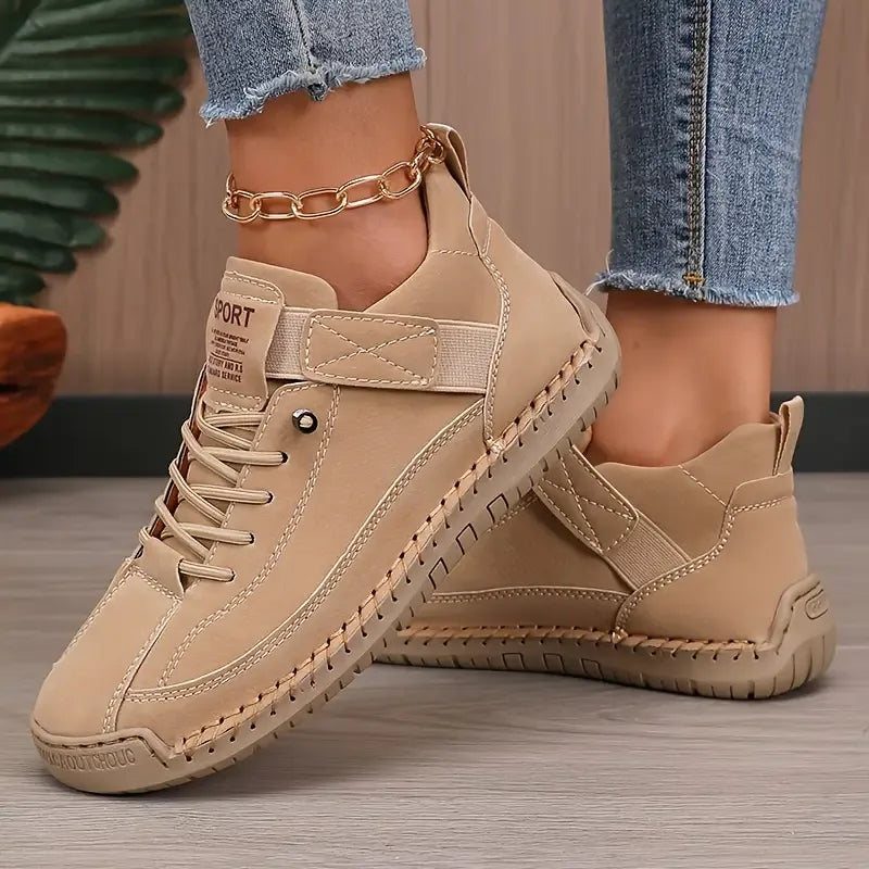 Maizie women's orthopedic hiking sneakers by Hudson Ridge in khaki, featuring supportive footwear for outdoor walking and hiking.