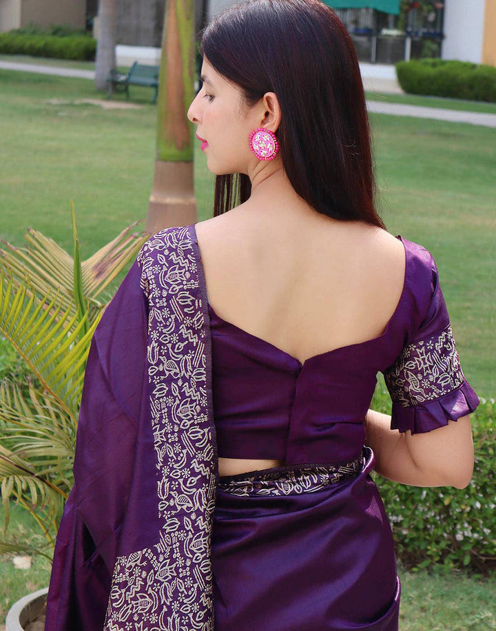 Mardi Gras Purple Handloom Raw Silk Saree | Stitched Blouse - qivii