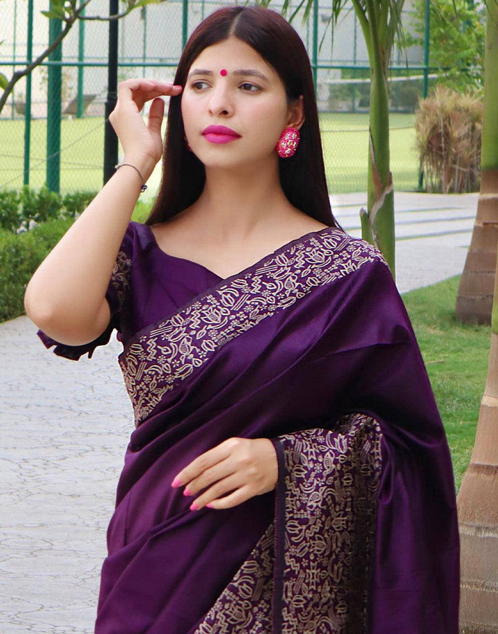 Mardi Gras Purple Handloom Raw Silk Saree | Stitched Blouse - qivii