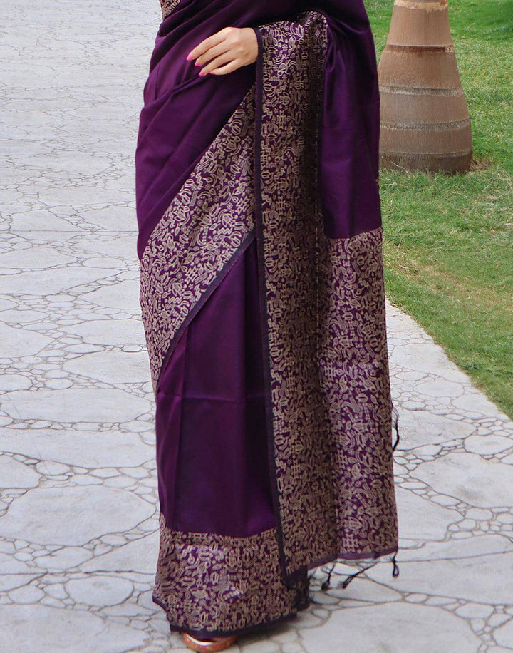 Mardi Gras Purple Handloom Raw Silk Saree | Stitched Blouse - qivii