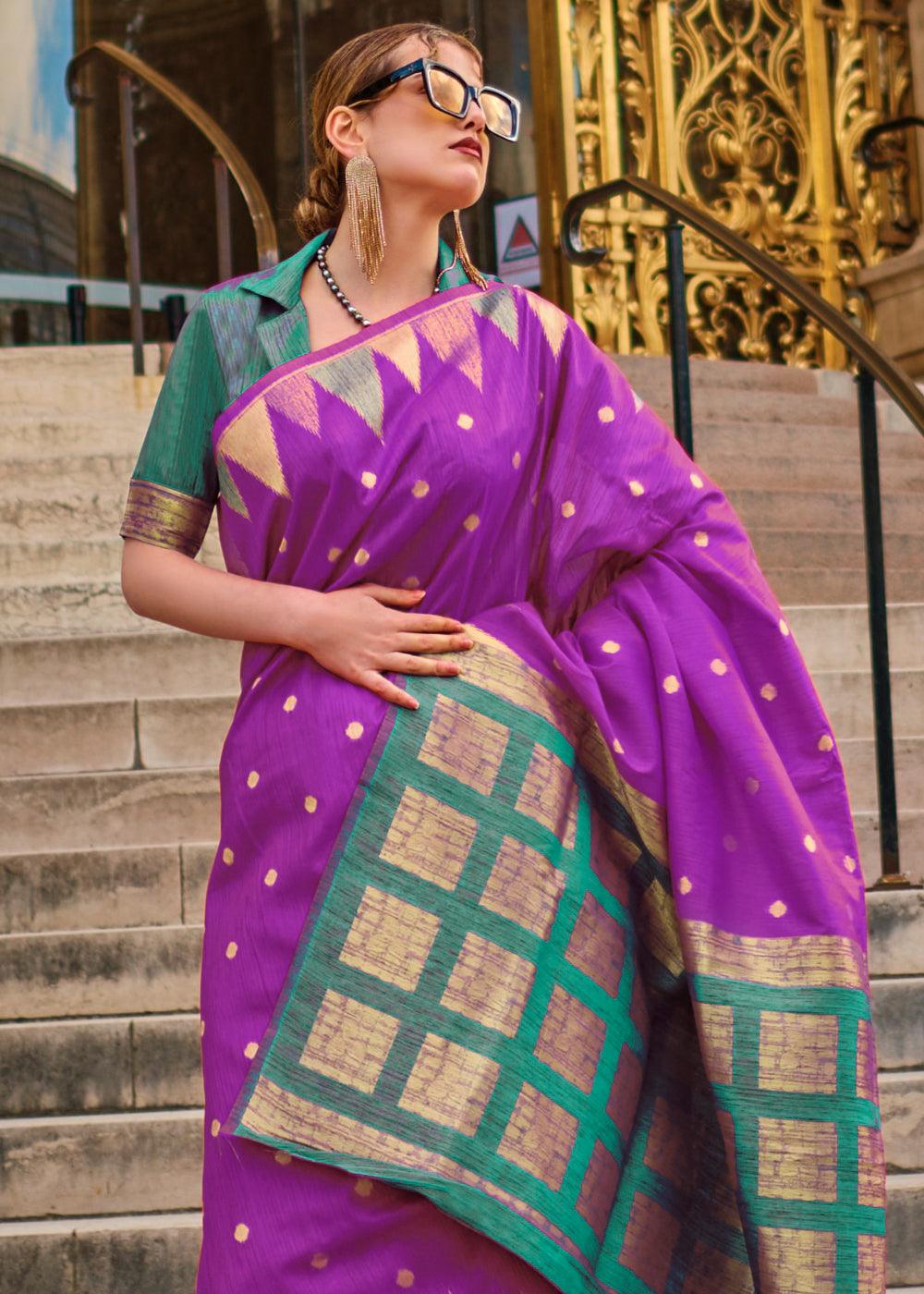 Mardi Gras Purple Handloom Woven Khadi Silk Saree - qivii