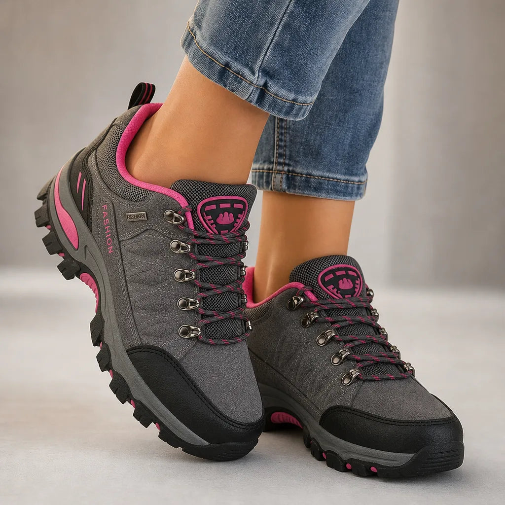 Gray Women's Trail Running Shoes by Hudson Ridge, Marisette style, designed for comfortable outdoor running and active wear.