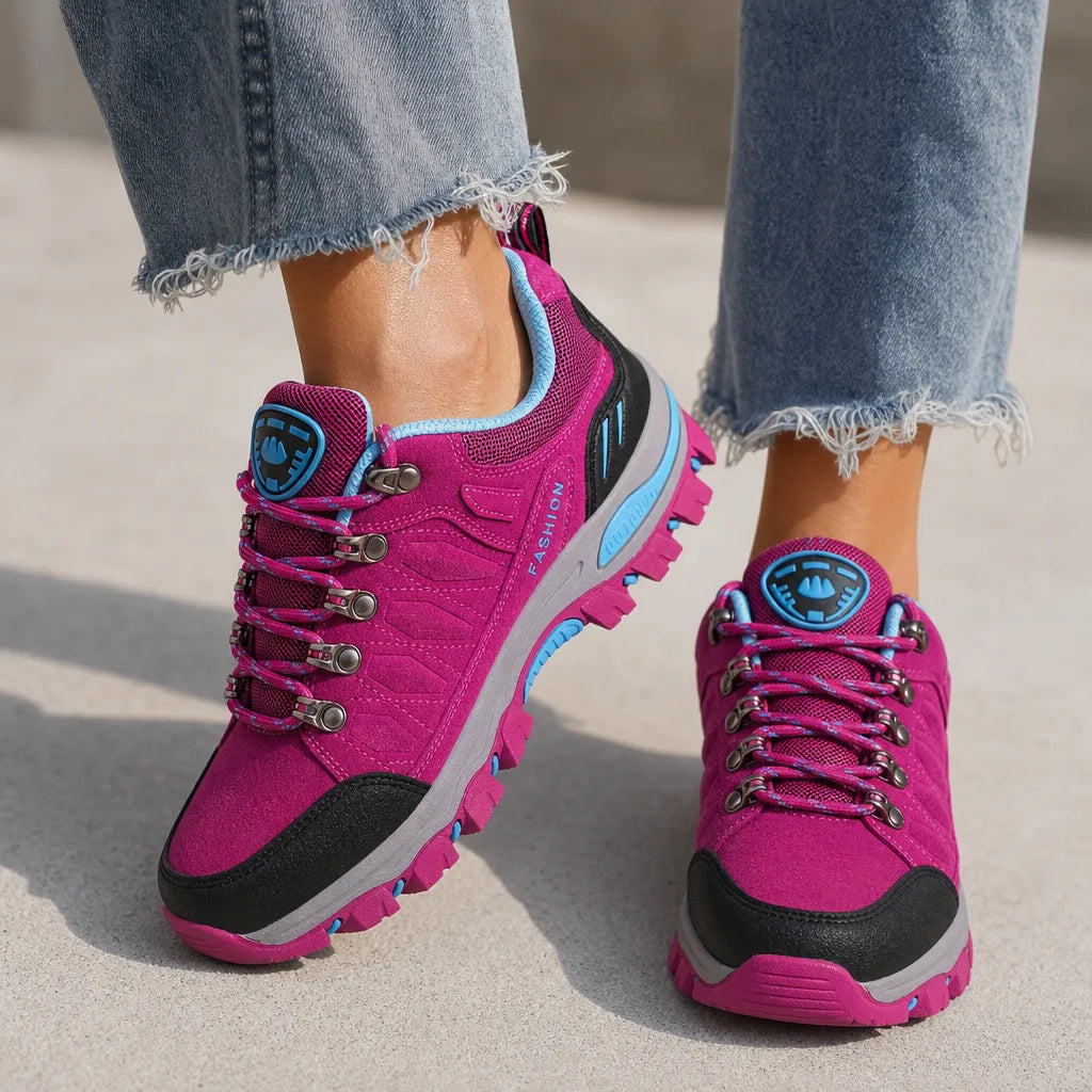 Pink Marisette women's trial running shoes by Hudson Ridge, lightweight sneakers designed for outdoor trail running.