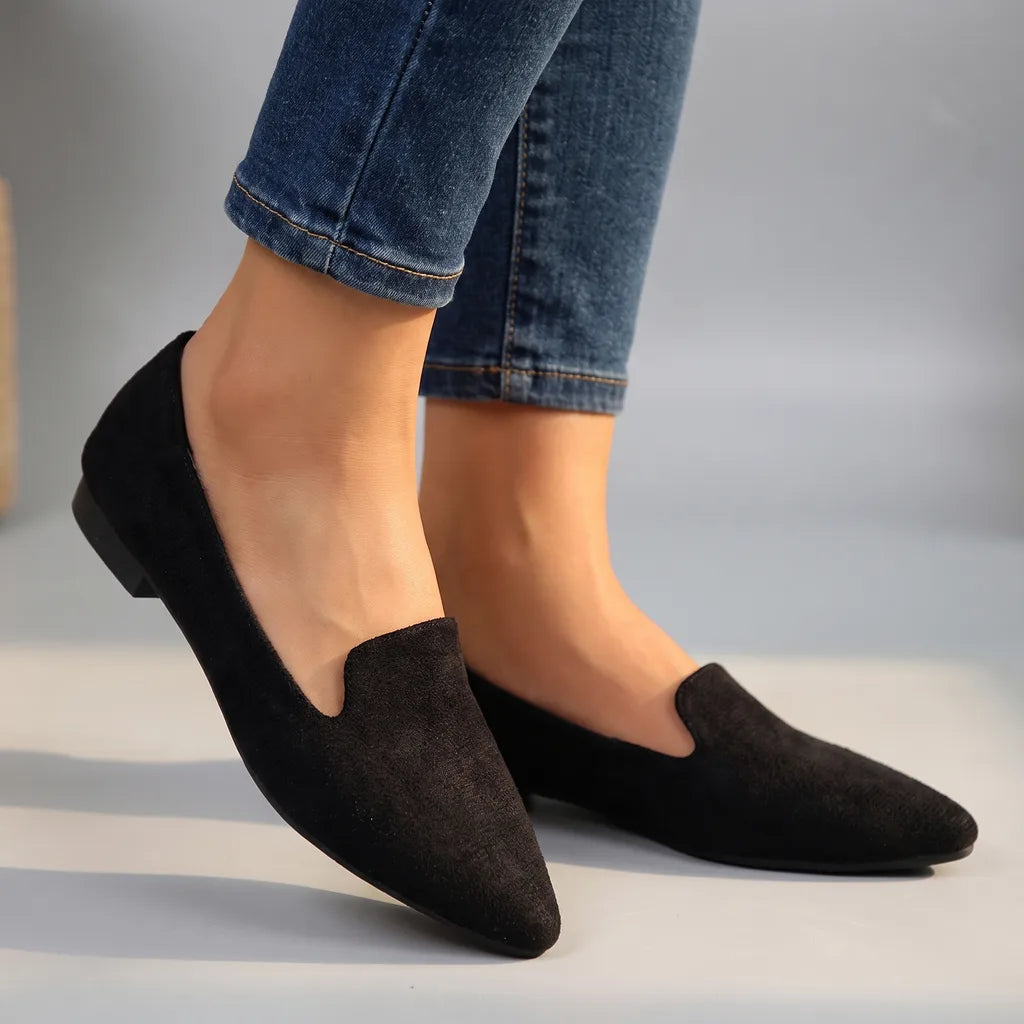 Black Marlena women's ballet flats by Hudson Ridge, slip-on footwear with a sleek, comfortable design for everyday wear.