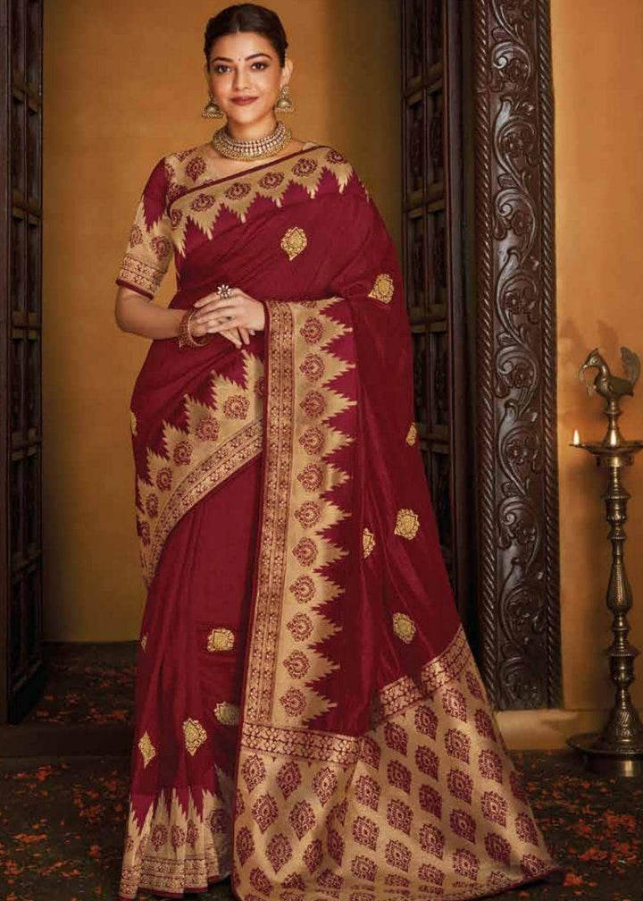 Maroon Antique Gold Zari Woven Banarasi Brocade Saree | Stitched Blouse - qivii