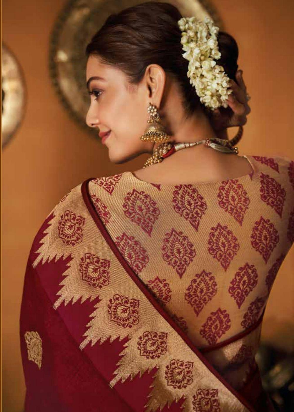 Maroon Antique Gold Zari Woven Banarasi Brocade Saree | Stitched Blouse - qivii