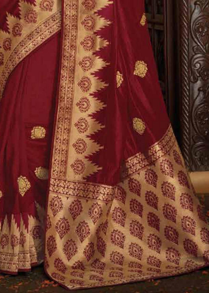 Maroon Antique Gold Zari Woven Banarasi Brocade Saree | Stitched Blouse - qivii