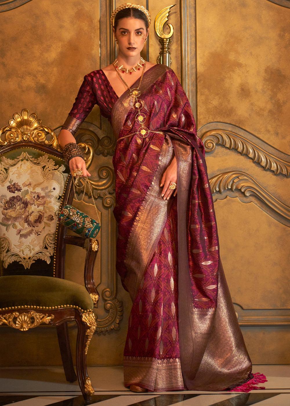 Maroon Brown Handloom Woven Satin Silk Saree - qivii