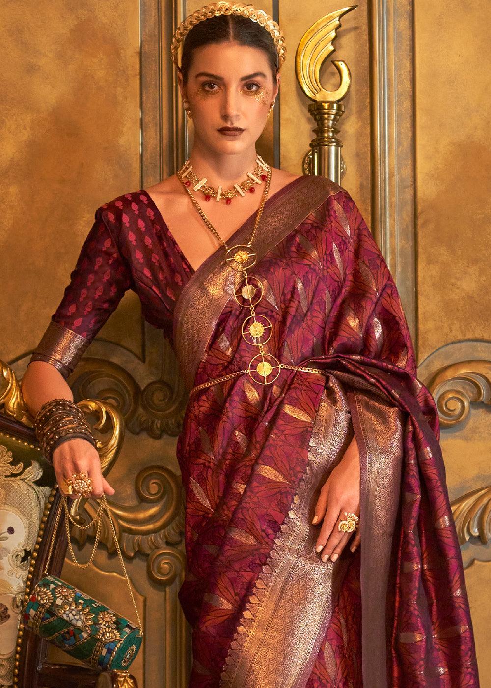 Maroon Brown Handloom Woven Satin Silk Saree - qivii