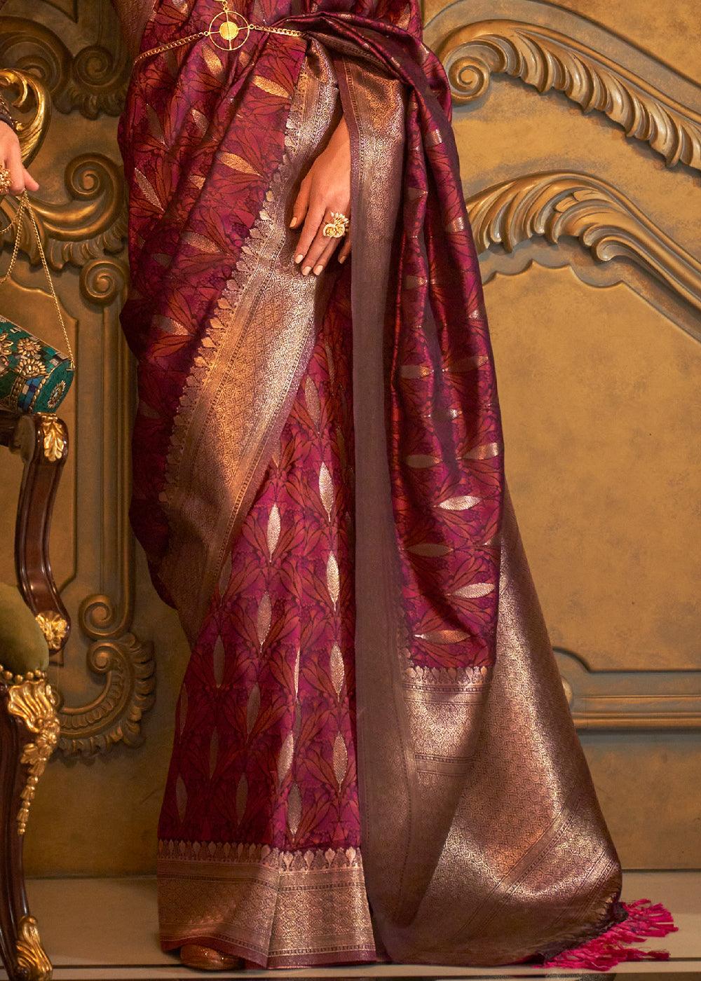 Maroon Brown Handloom Woven Satin Silk Saree - qivii