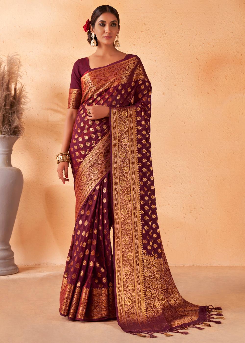 Maroon Brown Woven Georgette Saree - qivii