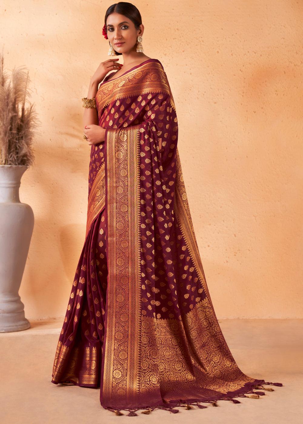 Maroon Brown Woven Georgette Saree - qivii