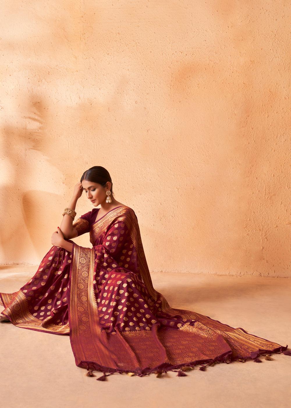 Maroon Brown Woven Georgette Saree - qivii