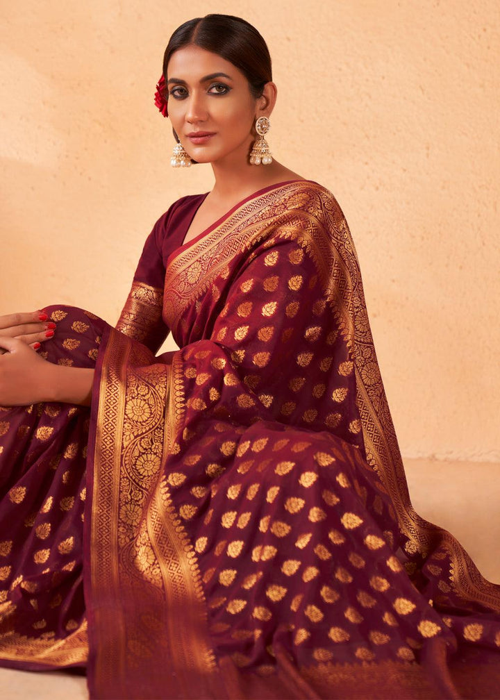 Maroon Brown Woven Georgette Saree - qivii