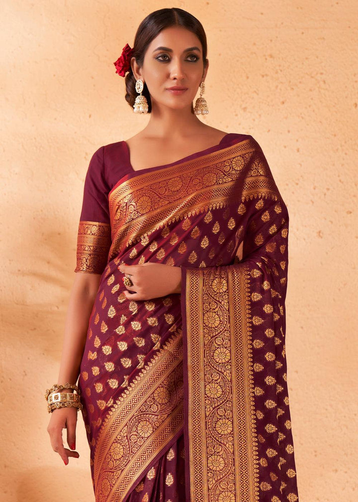 Maroon Brown Woven Georgette Saree - qivii