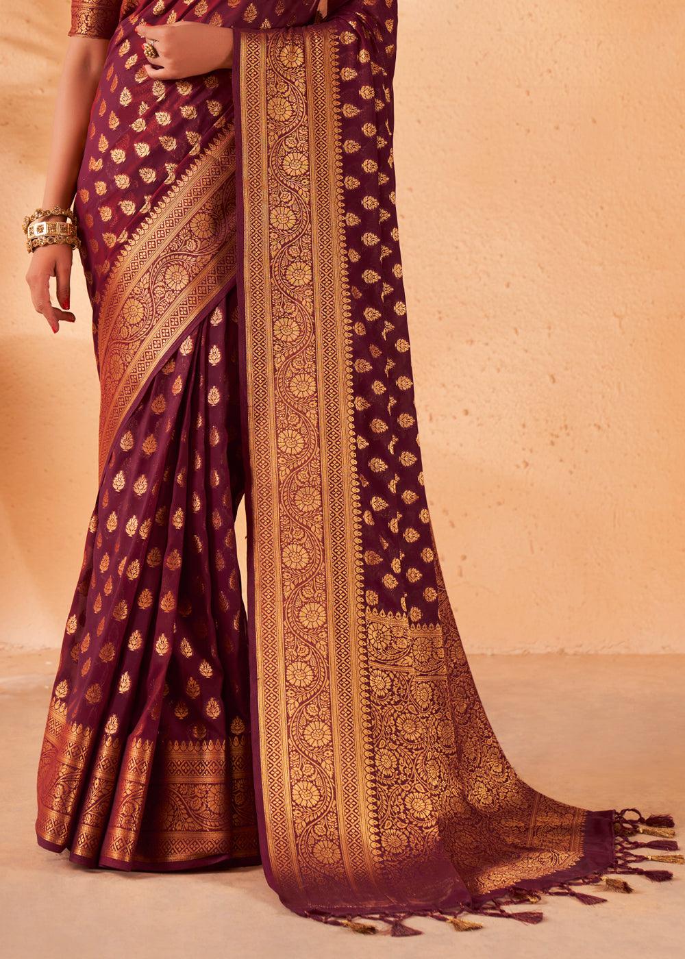 Maroon Brown Woven Georgette Saree - qivii