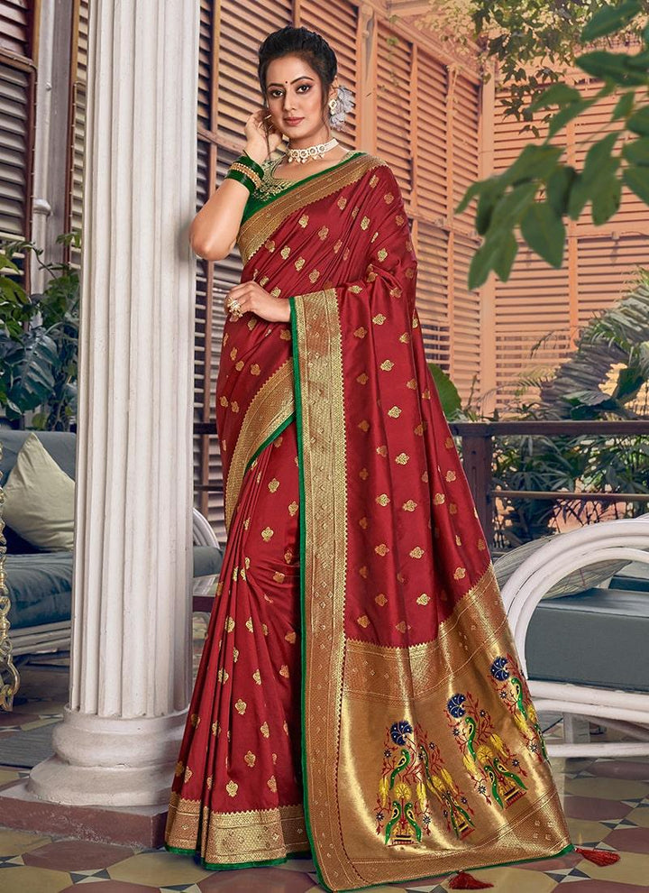 Maroon Color Silk Base Silk Weave And Stone Work Saree  - By Kreeva