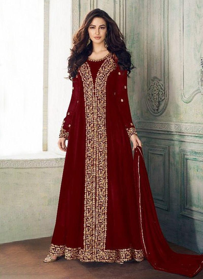 Maroon Georgette Base Heavy Embroidery And Stone Work Salwar Kameez - qivii
