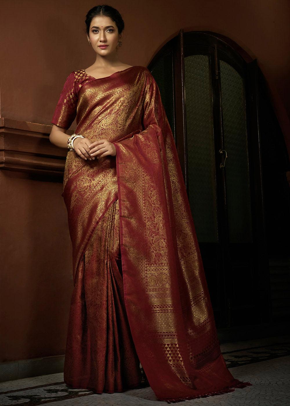 Maroon Red & Golden Blend Woven Kanjivaram Silk Saree - qivii