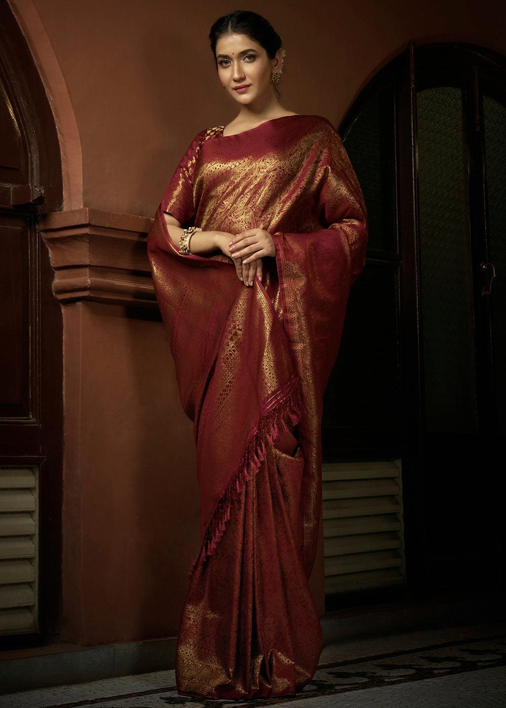 Maroon Red & Golden Blend Woven Kanjivaram Silk Saree - qivii