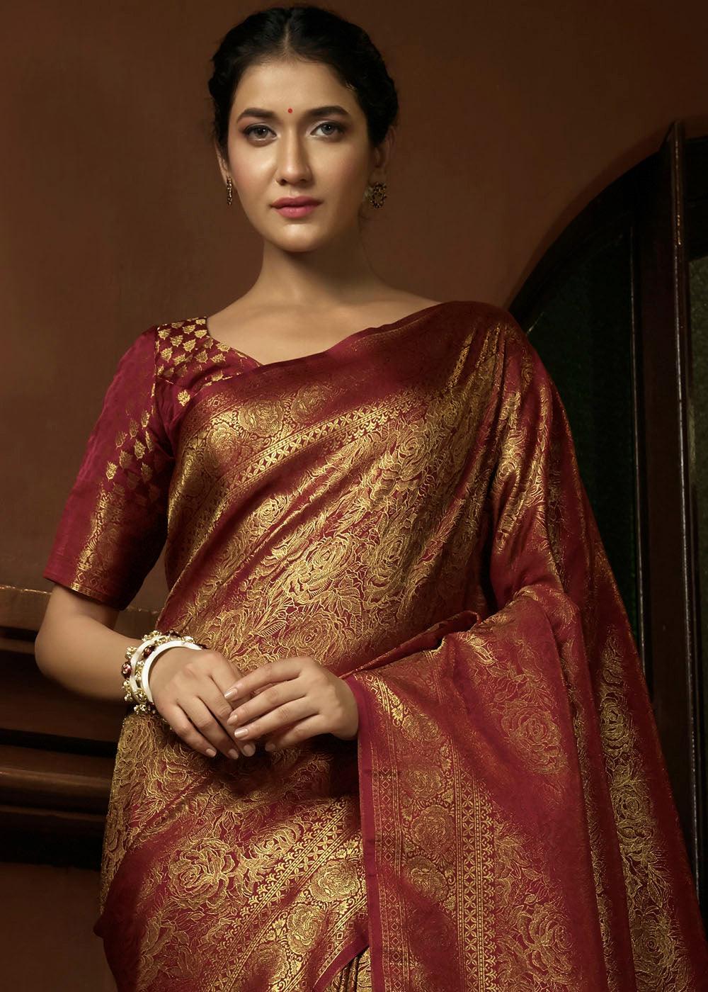 Maroon Red & Golden Blend Woven Kanjivaram Silk Saree - qivii