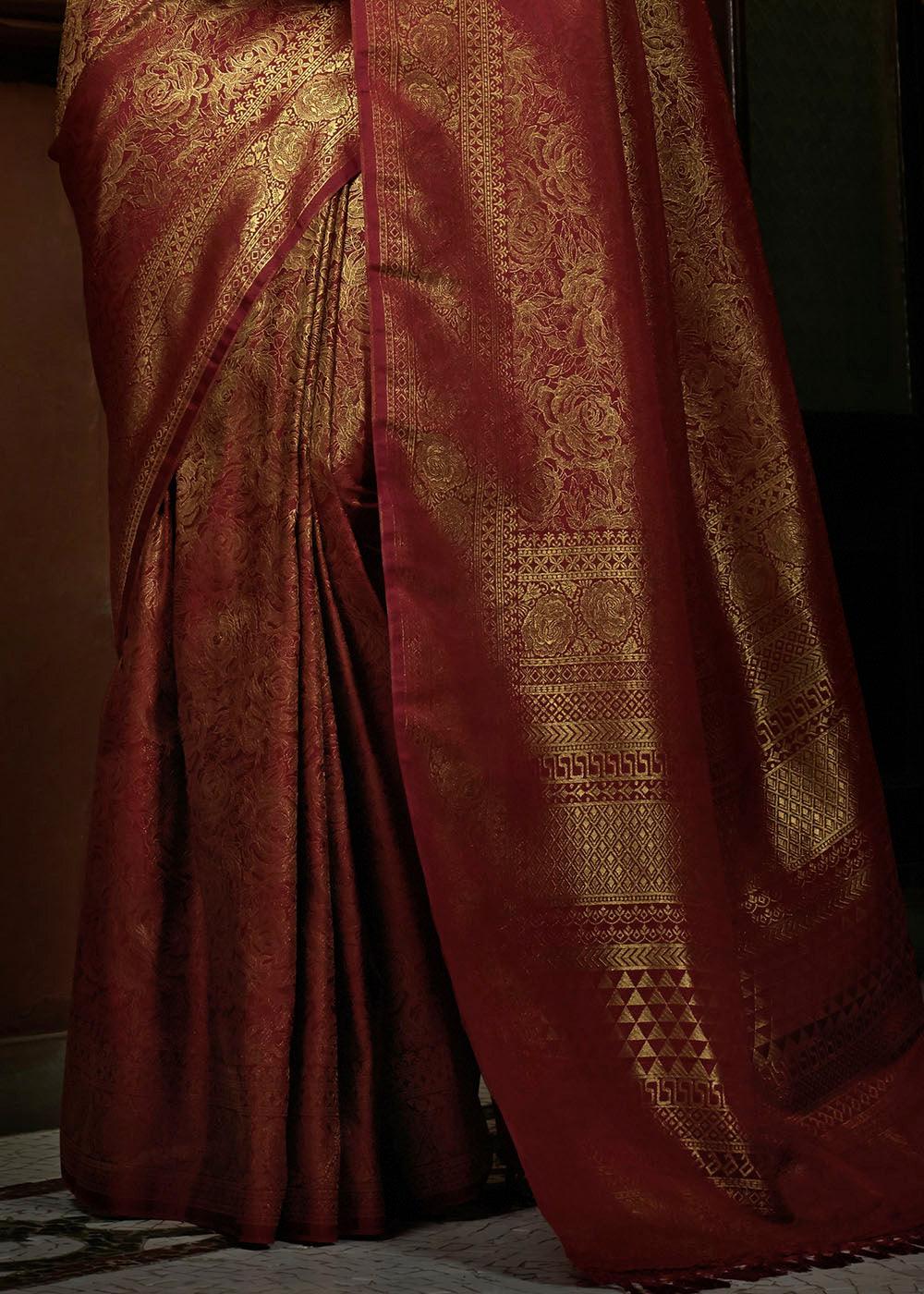 Maroon Red & Golden Blend Woven Kanjivaram Silk Saree - qivii