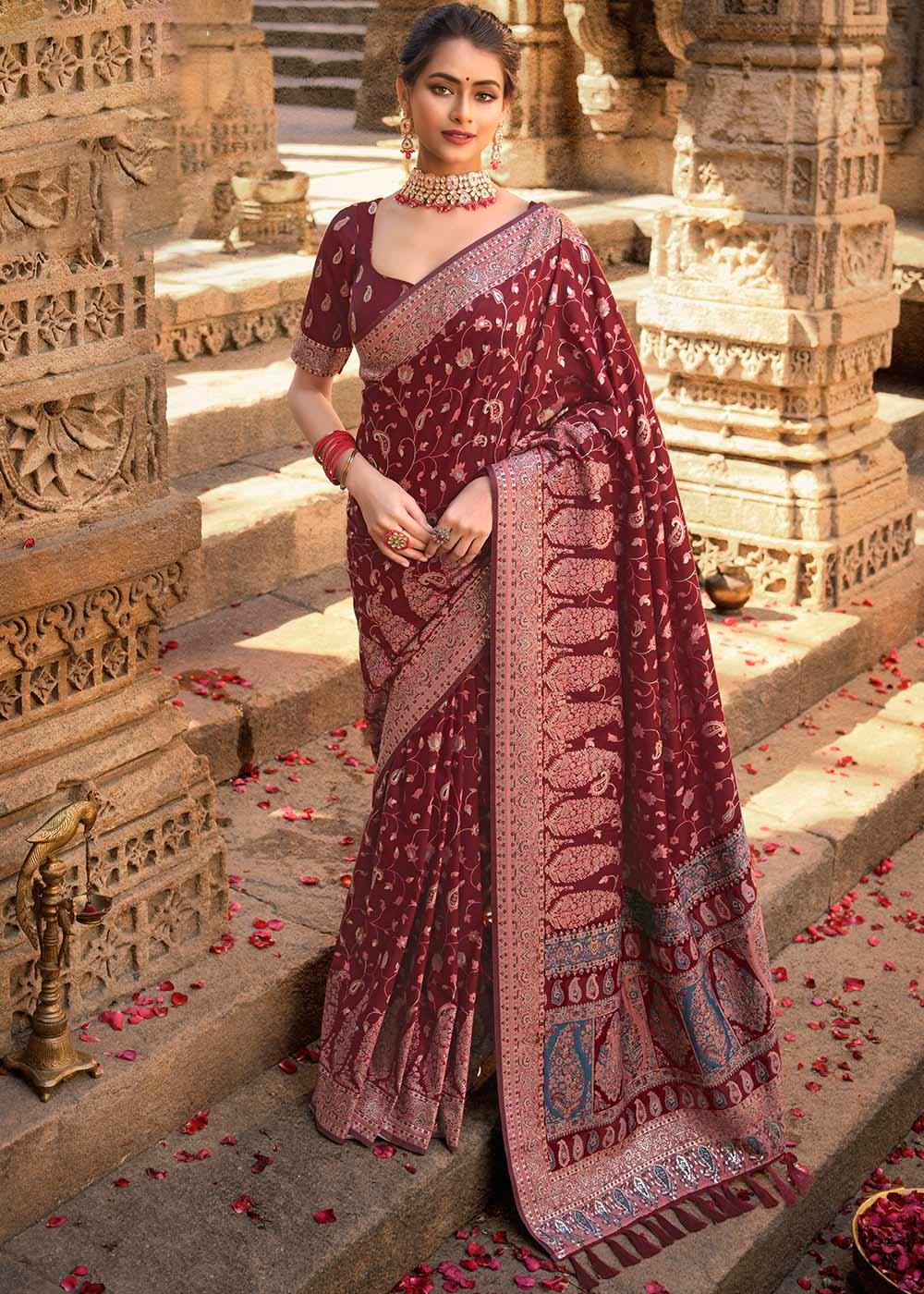 Maroon Red Banarasi Kora Silk Saree with Pashmina Weaving & Zari Border Pallu | Stitched Blouse - qivii