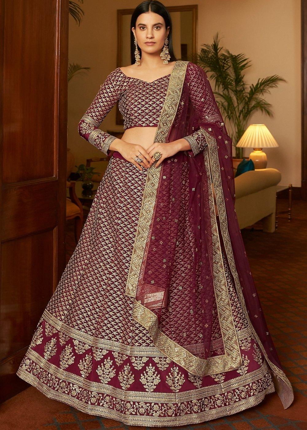 Maroon Red Crepe Lehenga Choli with Dori & Sequins work - qivii