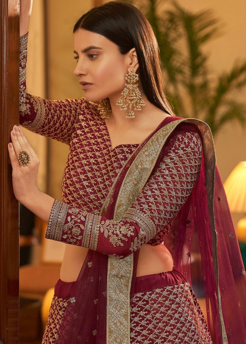 Maroon Red Crepe Lehenga Choli with Dori & Sequins work - qivii