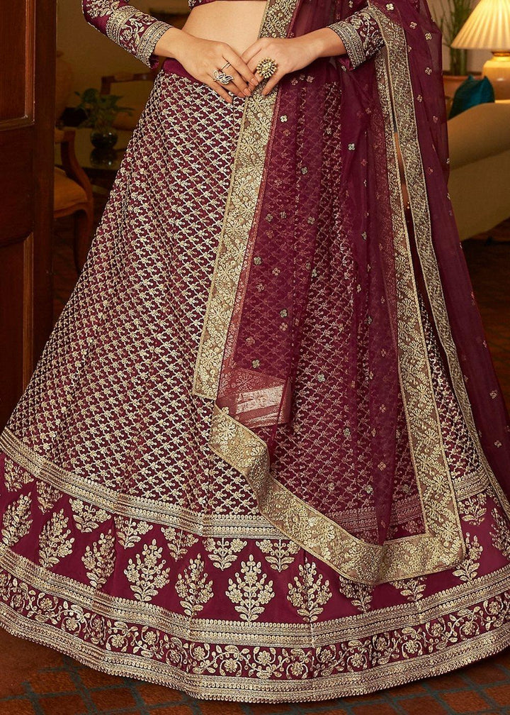 Maroon Red Crepe Lehenga Choli with Dori & Sequins work - qivii