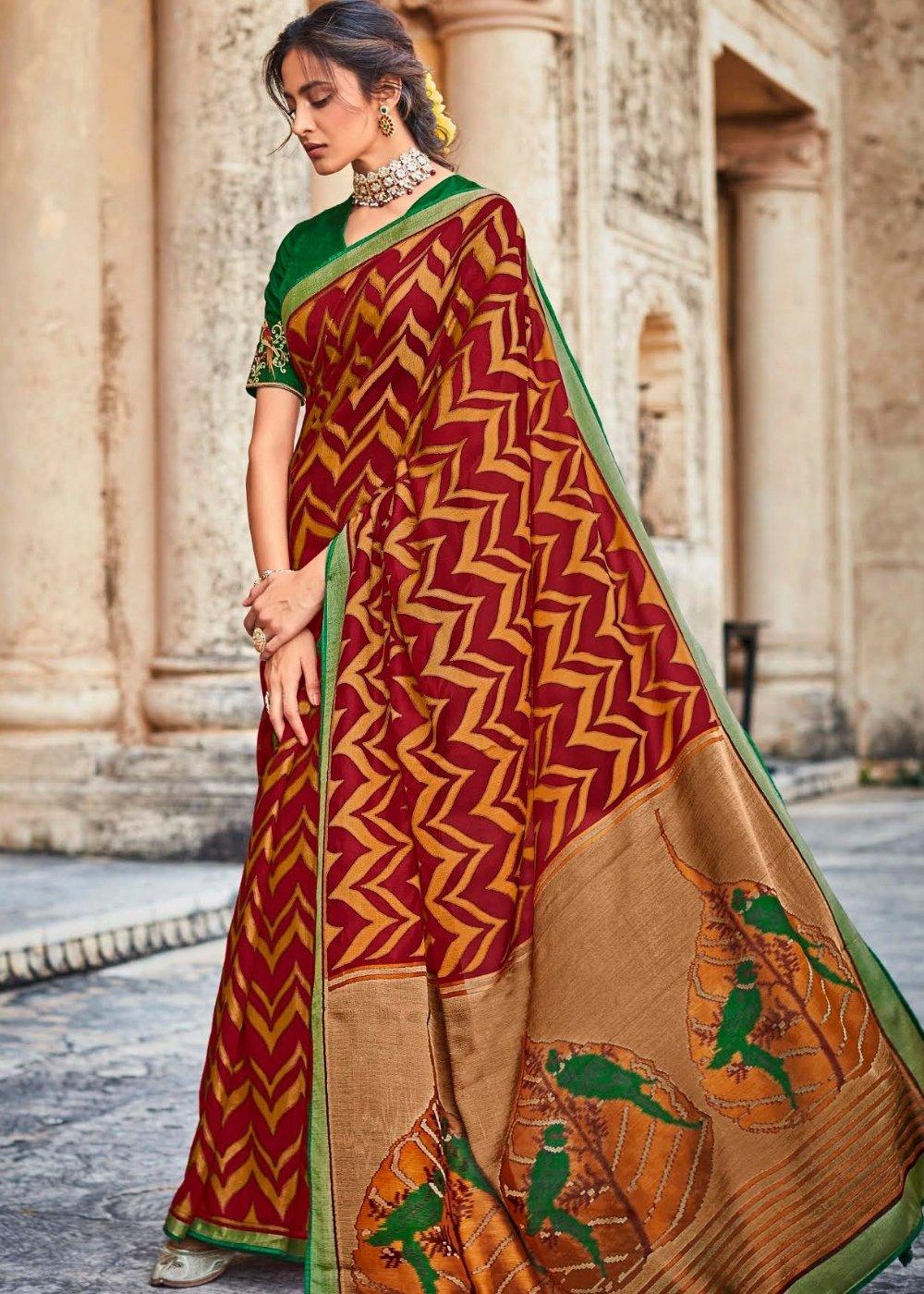 Maroon Red Soft Silk Saree with Embroidered Blouse | Stitched Blouse - qivii