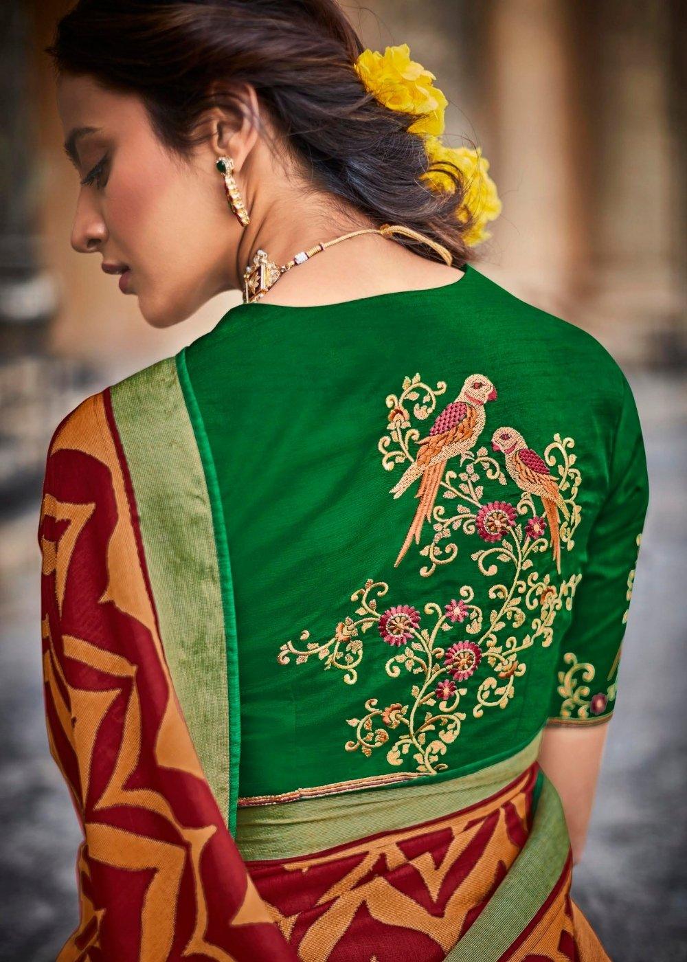 Maroon Red Soft Silk Saree with Embroidered Blouse | Stitched Blouse - qivii